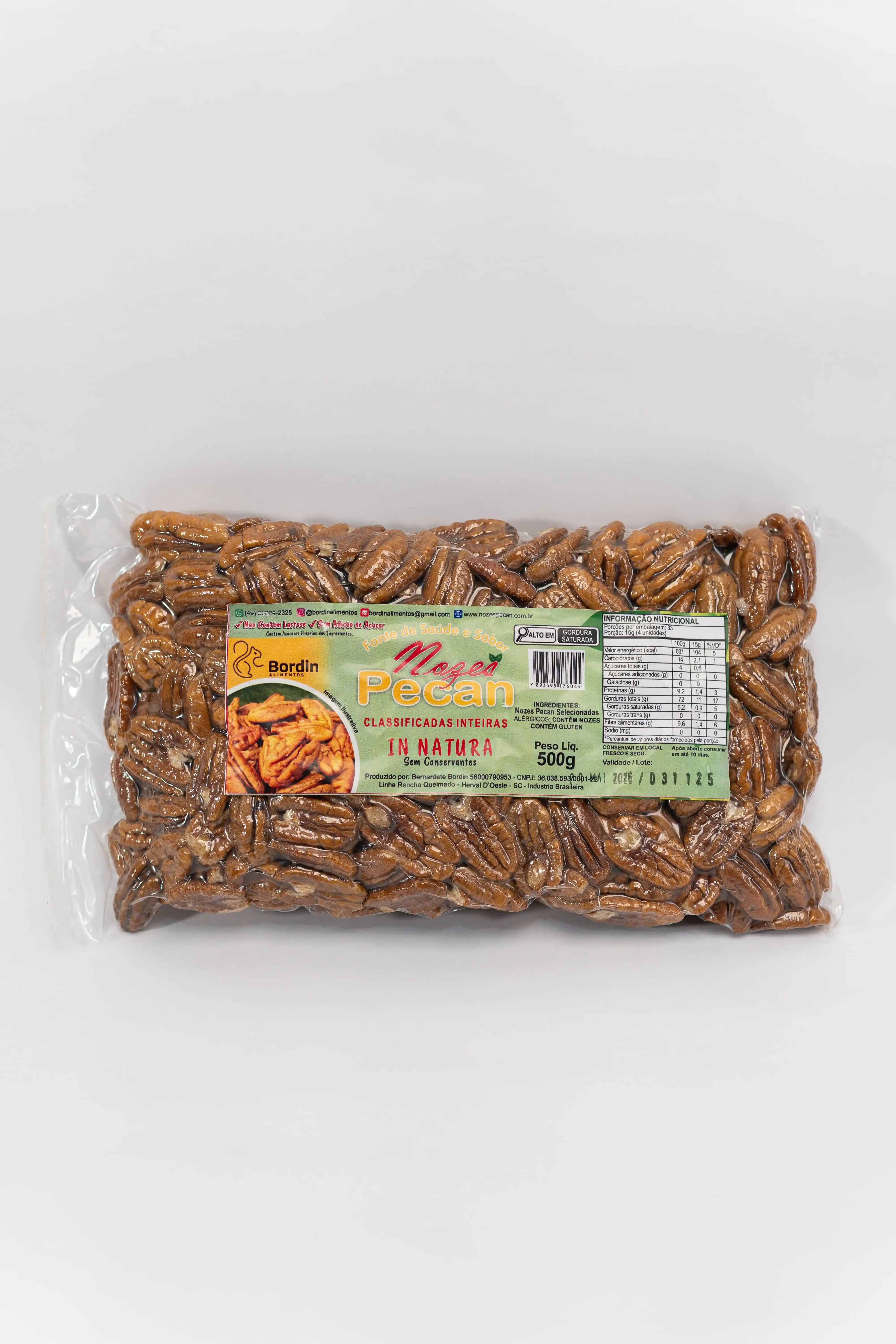 Nozes Pecan Bordin classificadas inteiras em pacote de 500g
